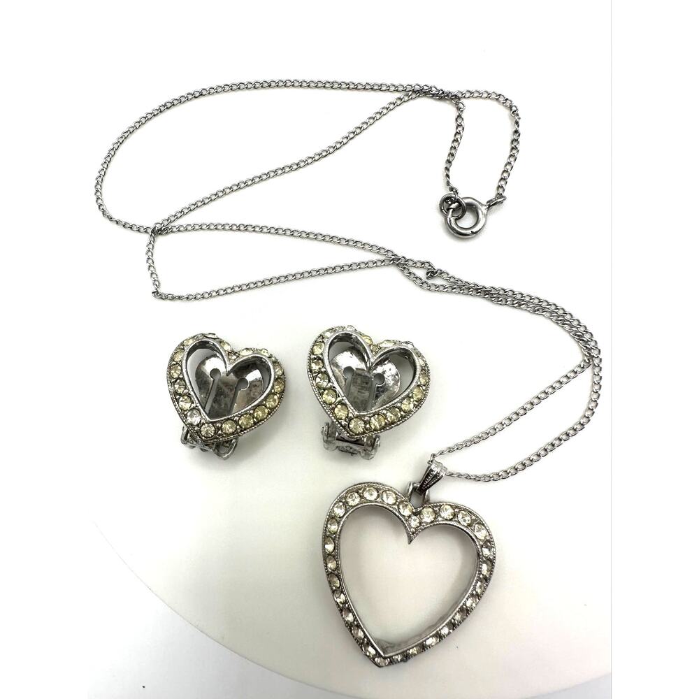 Bogoff vintage silver tone clear rhinestones heart necklace clip on earrings set